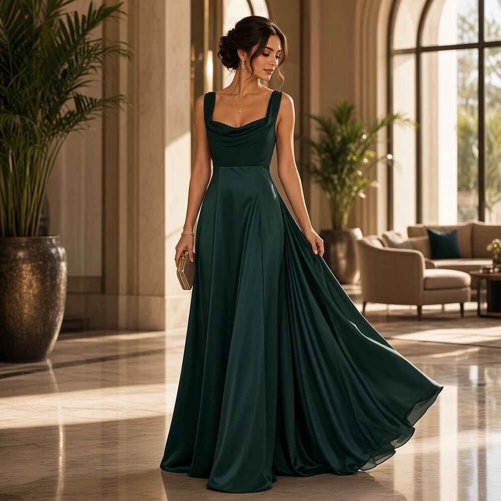 Vintage Bari-Jay Womens 5/6 Green Evening Dress Cowl Neck Satin Skirt USA Maxi